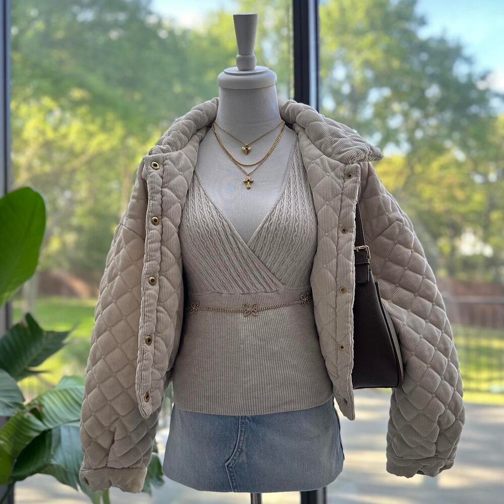 Express Beige Ribbed Puff Sleeve Sweater Top